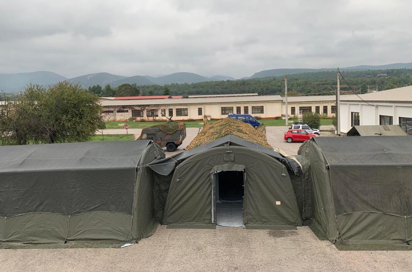Rapid deploy inflatable military tents Nixus ERA connected with tunnels